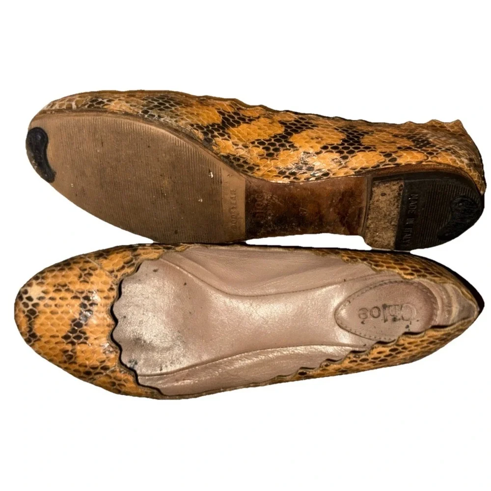 Chloe‎ Lauren Ballet Flats Brown Snakeskin Scalloped Womens Shoe Size EU 37 US 7
